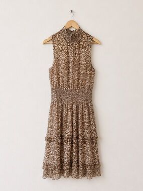 1 State Leopard Smocked Mock Neck Sleeveless Midi Dress Medium